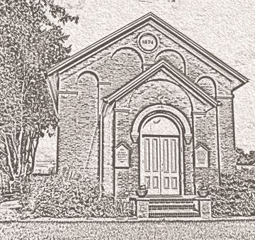 An etching of an old building.